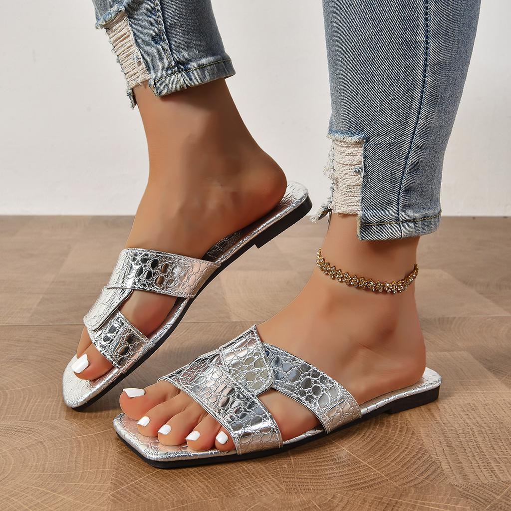 Fashion Golden Open Heeled Flat Women Shoes Soft Leather Sandals Bathroom Slippers Causal Comfortable Slides Women Beach Slippers