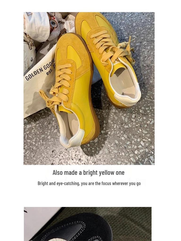 Women's Comfortable Genuine Leather Lace-Up Color Block Round Toe Height-Increasing Casual Sneakers