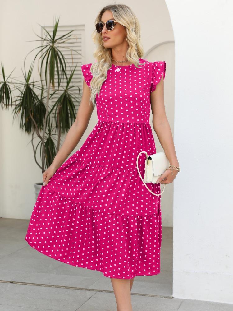 Summer Women Sleeveless Round Neck Ruffled Dot Print Long Dress Polka