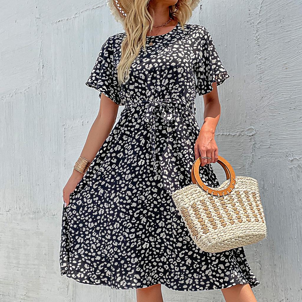 YYFS Dámská móda Léto Jaro Květinový potisk Neformální šaty s krátkým rukávem do O-výstřihu
