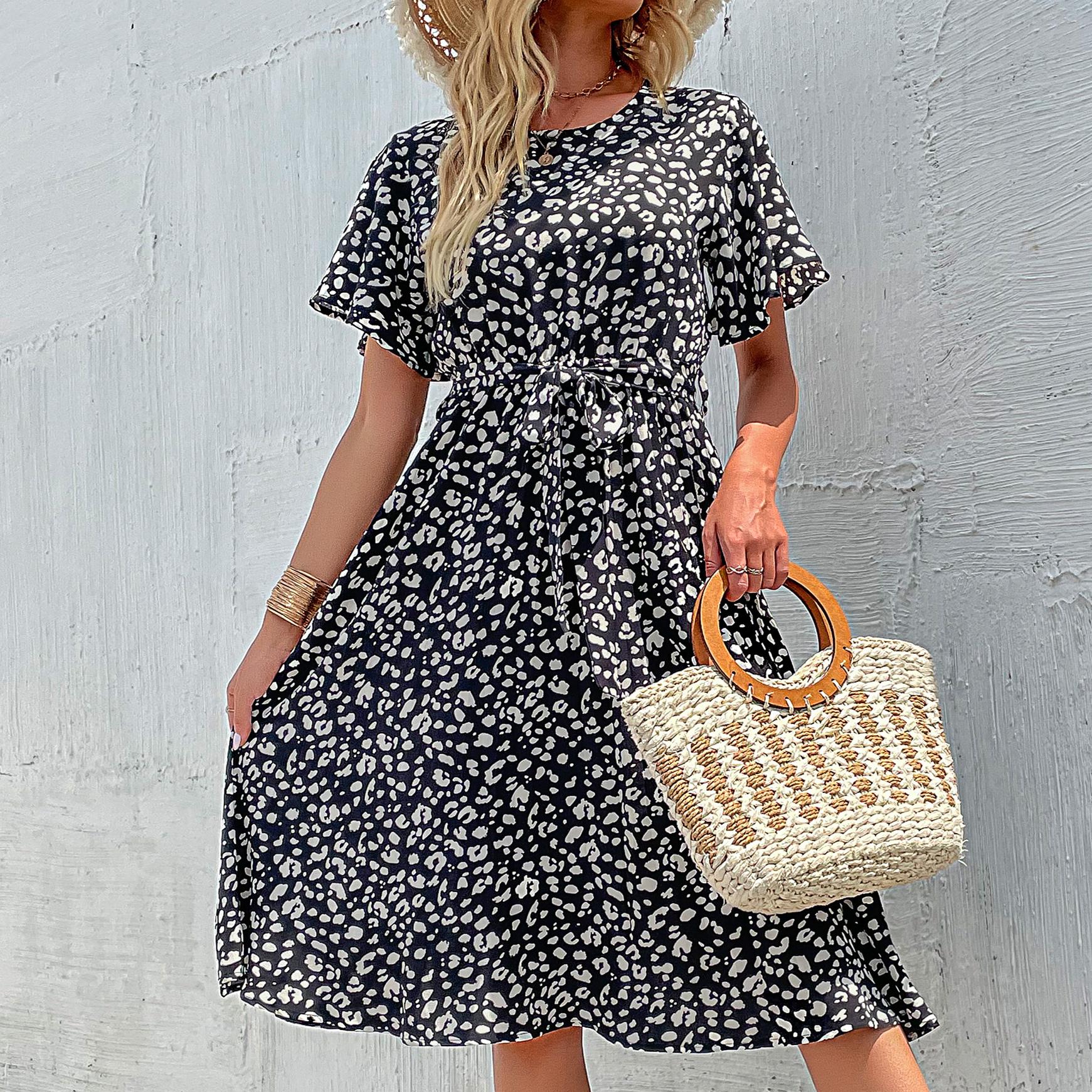 

YYFS женские модные летние весенние повседневные платья с коротким рукавом и круглым вырезом с цветочным принтом XL чёрный