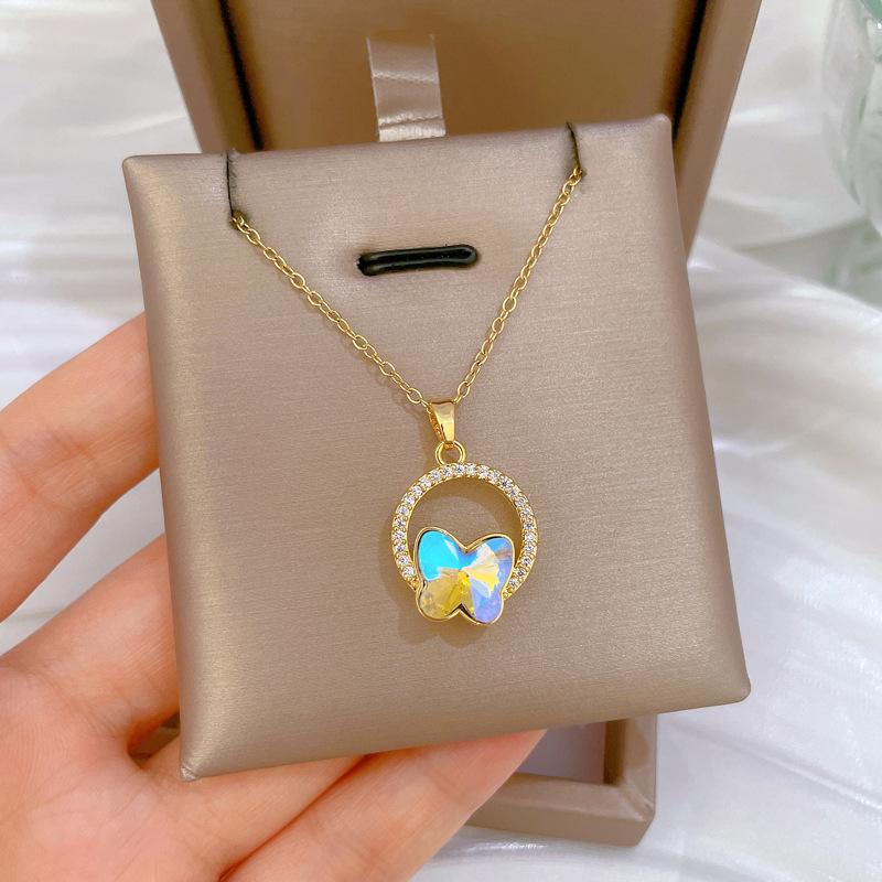 Colorful Ring Butterfly Light Luxury Temperament Gorgeous Full Diamond Necklace Women'S Versatile Collarbone Chain Titanium Steel Chain