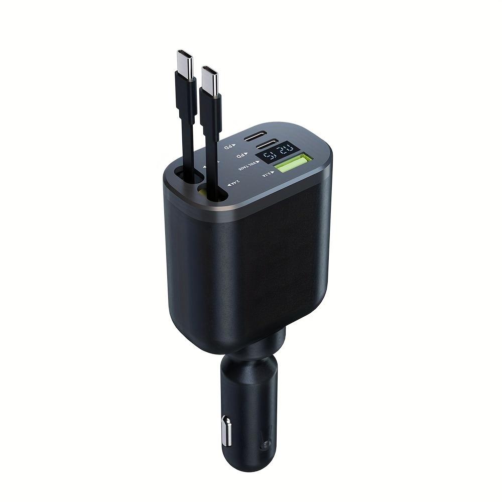 

Автомобильное зарядное устройство на 5 портов со светодиодным дисплеем, быстрой зарядкой USB PD, встроенными выдвижными кабелями Type-C для iPhone и Android чёрный
