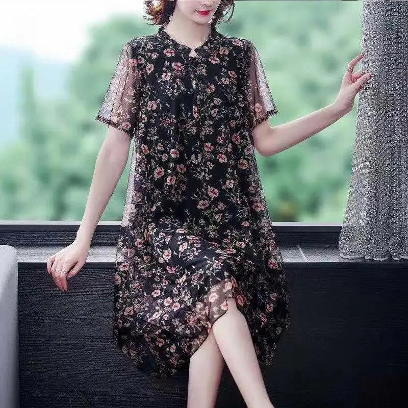 Women's Oversized Dress Printing Round Neck Short Sleeved Loose Mesh Dress Mid Length Simple Commuting Summer