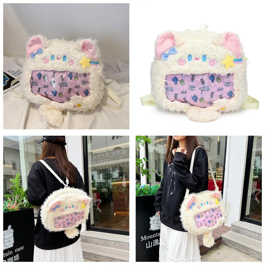 Plush Cat Shoulder Bag With Transparent Compartment For Daily Casual Use
