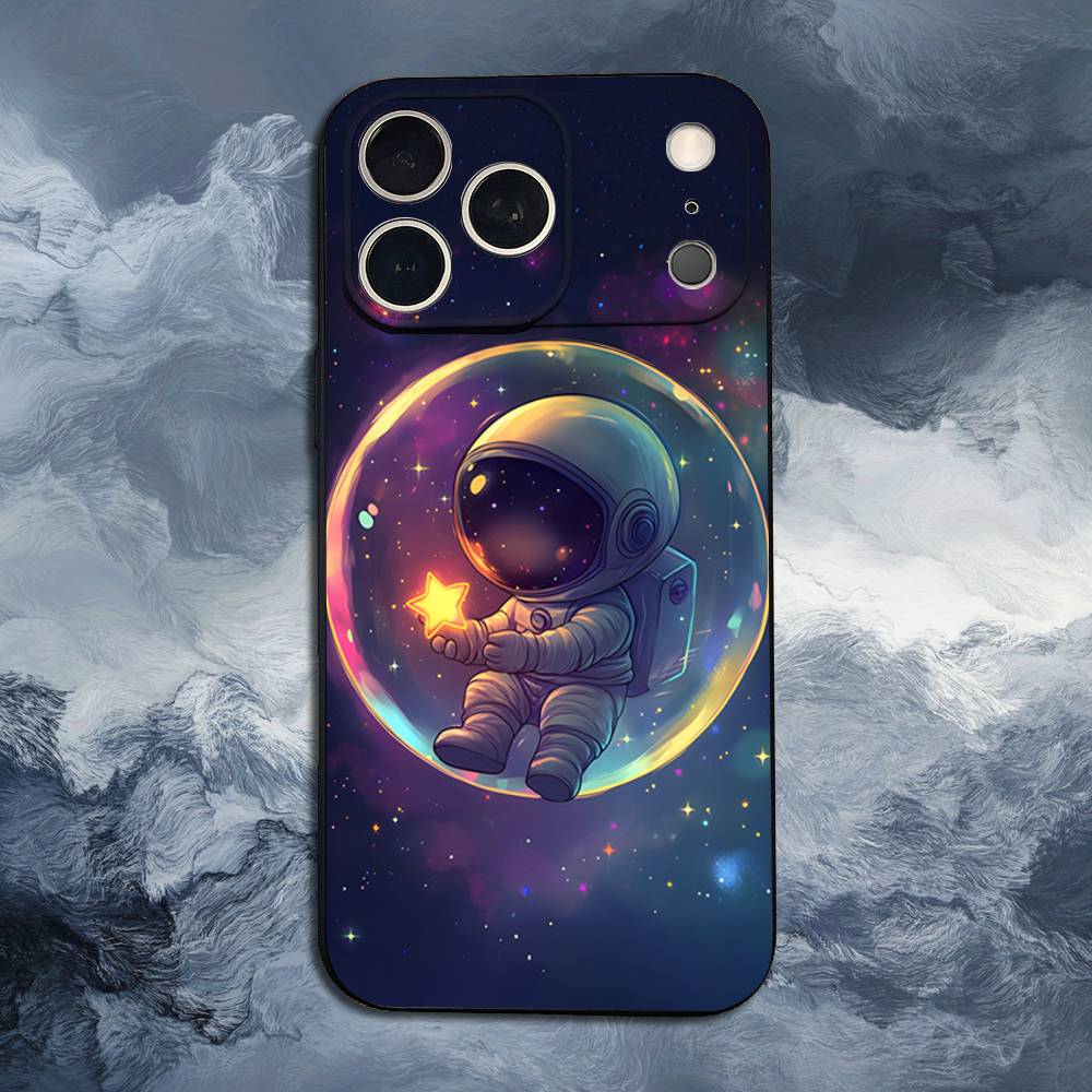 Universe Art Astronaut Phone For iPhone 13,12,15,14,11,16,17,Plus,Pro Max,XS,X,XR,SE,Mini,8,7,Soft Silicone Black