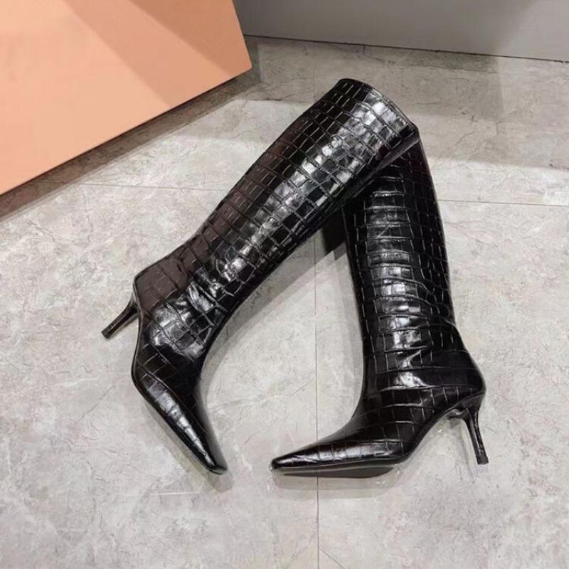 Fashion Stone Pattern Cowhide Black Apricot Knee High Boots Women Autumn Winter Low Heels Square Toe Long Boots Retro Size 34-44 Shoes