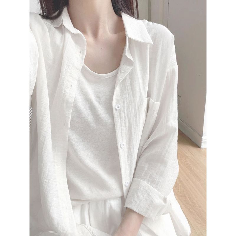 

Korean Style White in Thin Section Sun Protection Long Sleeves Shirt Women s Summer Wear New Arrival Loose and Lazy Style Shirt Casual Coat Top White L Recommended 52.50 kg-57.50 kg