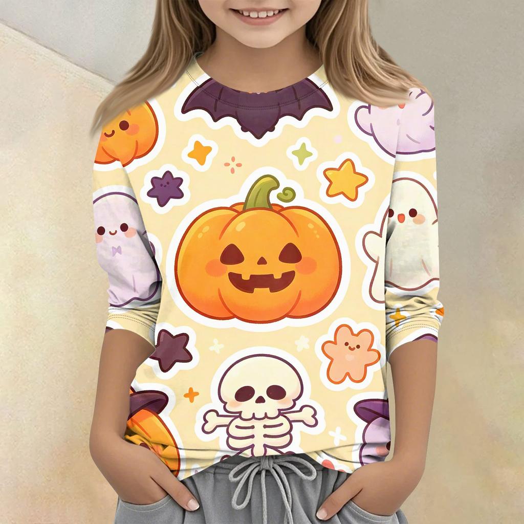 Kids Halloween Printed Round Neck 3/4 Sleeve Casual T-Shirt Top Comfortable Fit Lightweight Soft Fabric Suitable for Boys Girls