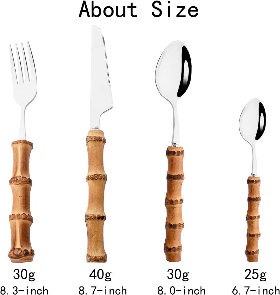 4 Pieces Bamboo Handle Set Natural Bamboo Flatware Stainless Steel Cutlery Utensils, Include Knife Fork Spoon Teaspoon