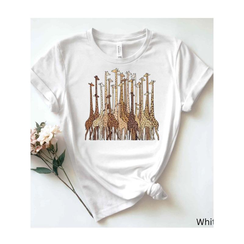 European Size "White Women's Polyester T - Shirt: Giraffe Group Art Pattern"