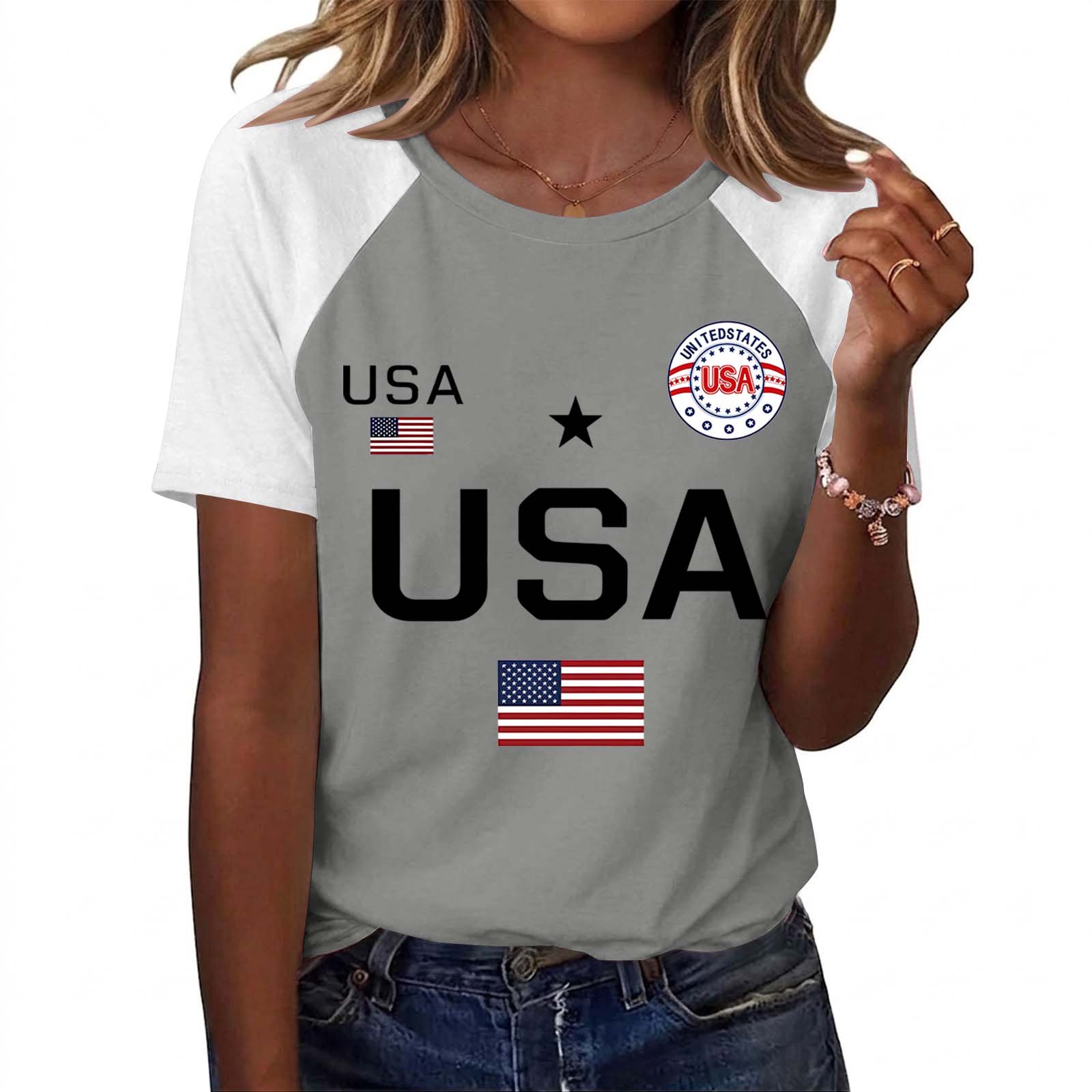 

Women s Fashion Printed Casual T-Shirt USA Graphic Short Sleeve Crew Neck Lightweight Summer Top XL