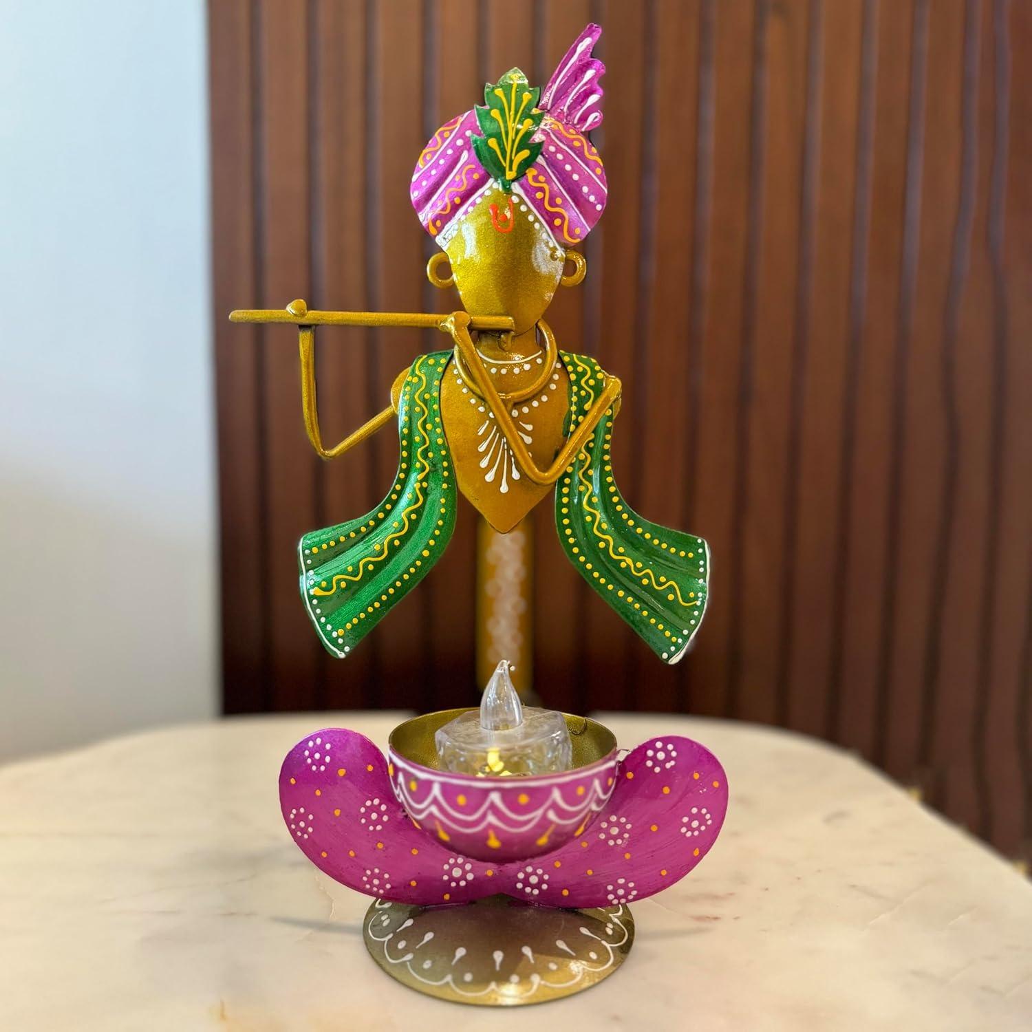 

Krishna Statue Tea Light Holder for Diwali, Kanha Playing Flute Tealight Candle Holder for Home Decor Onesize