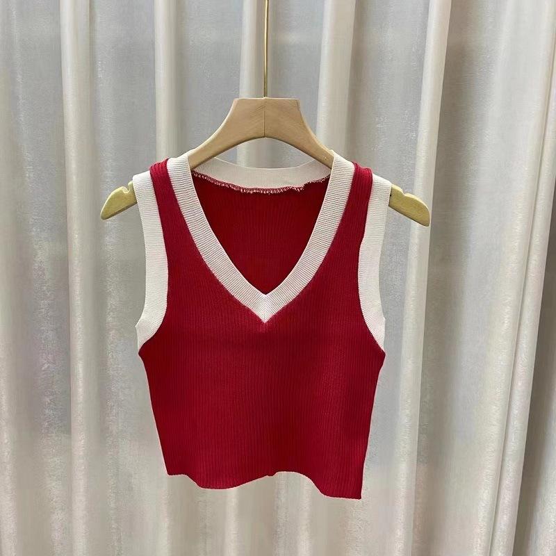 Summer New American Retro College Style Color Contrast Sweet and Spicy Short V-neck with A Small Vest Top with Halter