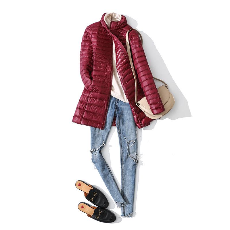 Women's Mid-Length Lightweight Down Jacket - New Fall/Winter Slim Fit with Stand Collar & Long Sleeves, Plus Size, White Duck Down.