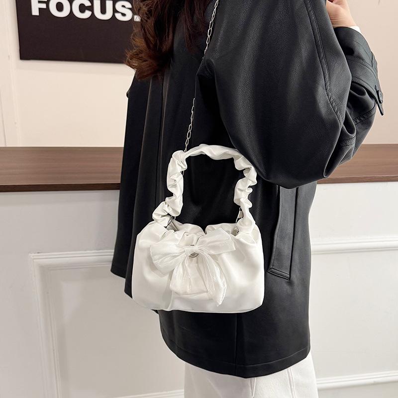 French Sweet Bow Pleated Strap Shoulder Bags for Women Versatile Ladies Chain Crossbody Bag Solid Color Female Pu Handbag Purse