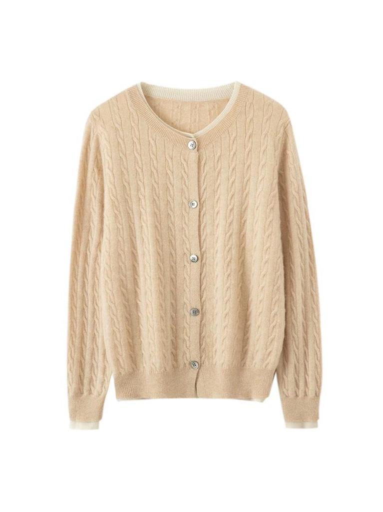 Round Neck Cable Knit Cashmere Color Block Cardigan - 2026 Autumn/Winter Women's Elegant Fake Two-Piece Style.