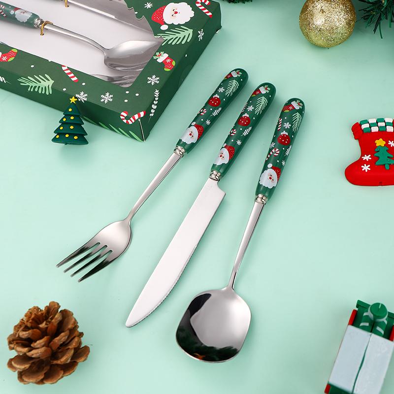 Christmas Tableware Set, 304 Stainless Steel Cutlery Set, Ceramic Handle, Luxury Dining Tableware, Christmas Dinner Set, 3Pcs