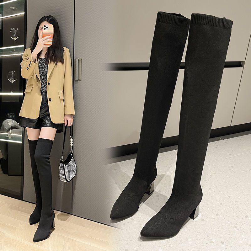 Over-knee boots for women, new elastic boots in autumn and winter 2025, pointed thick-heeled high boots for women, high-heeled boots for women