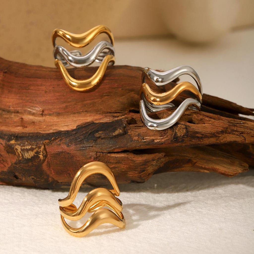 European & American Geometric Three-Layer Hollow Gold & Silver Open Ring