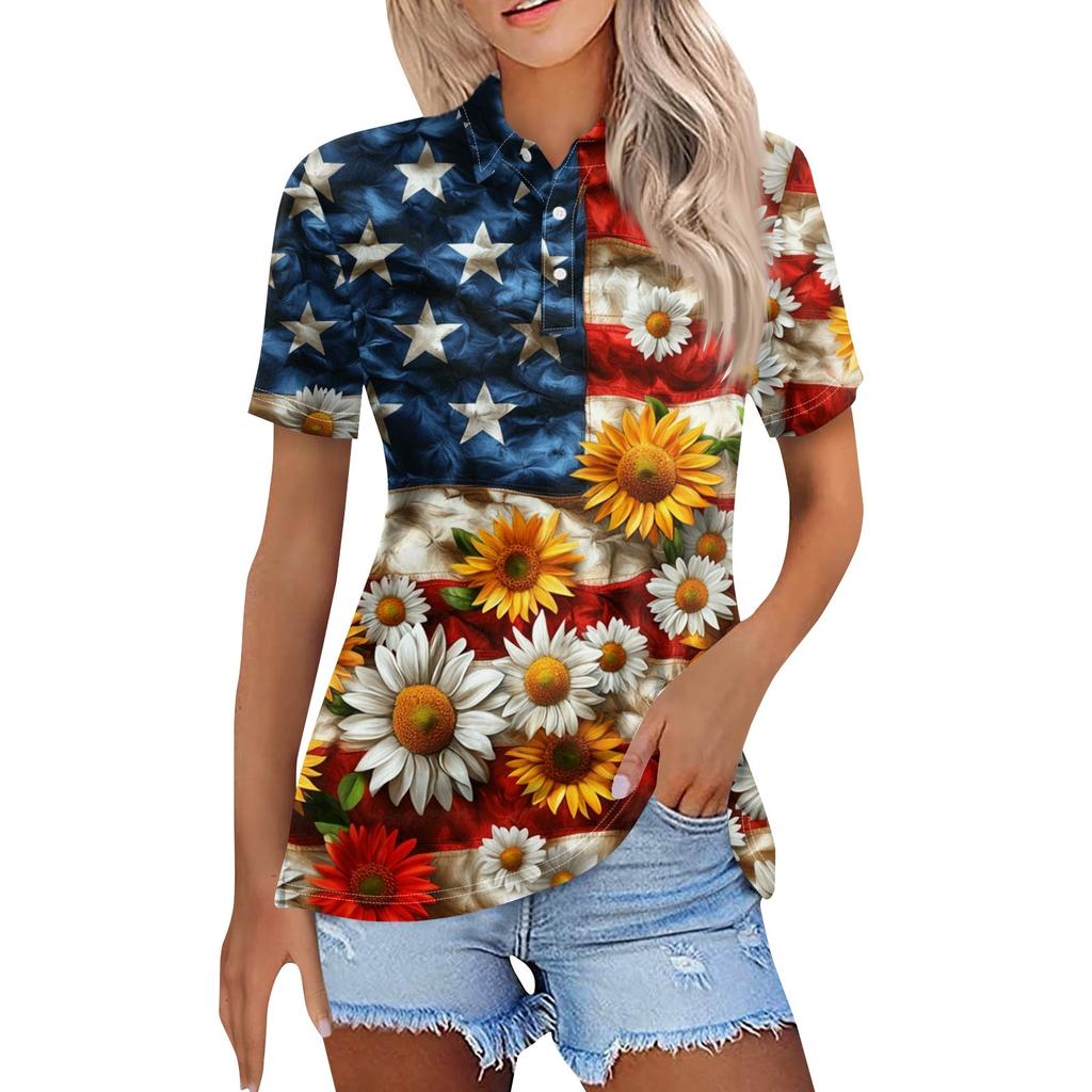 Women's Fashion Casual Lapel Short Sleeve Print Shirt Women's Button Up Tops