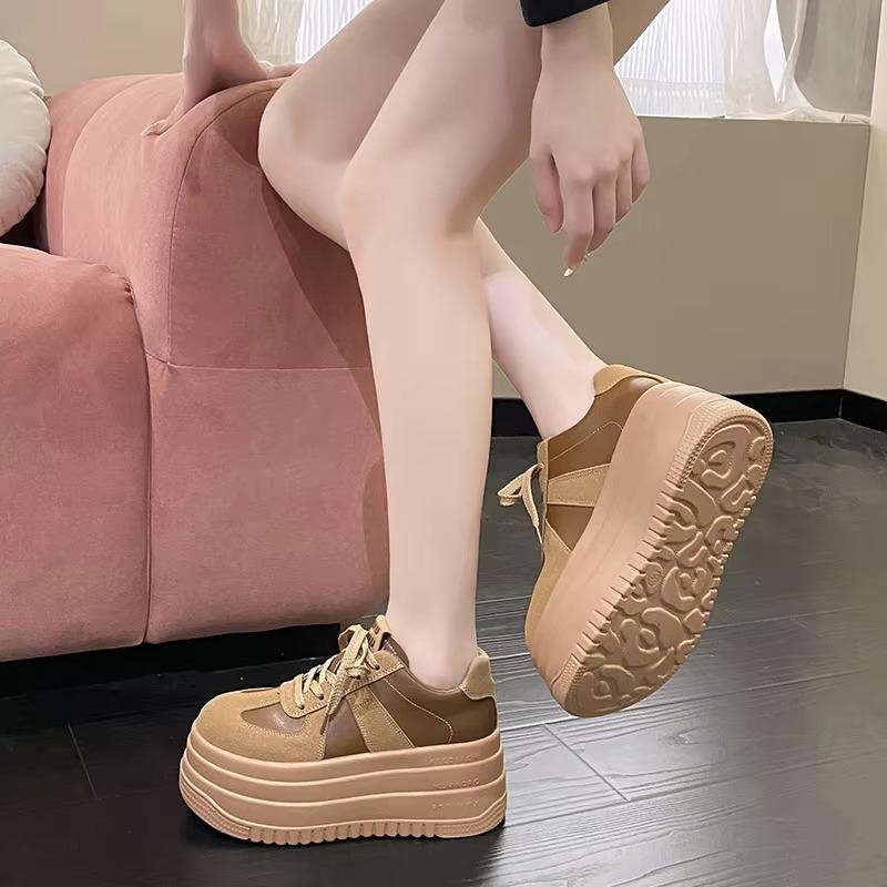 Women Leather Sneakers Autumn Spring Brown Casual Walking Shoes Chunky Sneakers High Platform Sport Skateboard Shoes Woman 7.5CM