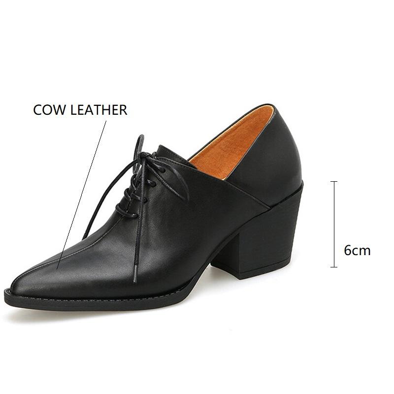 Fashion New Spring Genuine Leather Women Shoes Pointed Toe Women Pumps Fashion High Heel Loafers Shoes for Women Chunky Heel Shoes Black