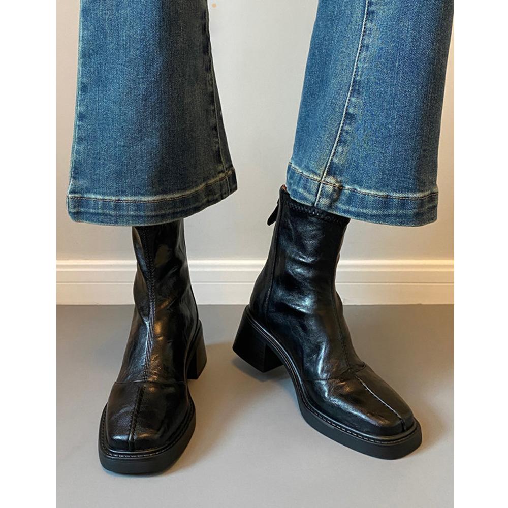 Leather square head rear zipper Martin boots women's 2025 new spring and autumn retro commuting thick heel thin boots high heel short boots