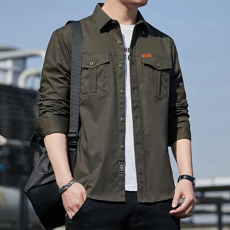Cotton Cargo Shirt for Men Long Sleeve 2 Pocket Shirts Outdoor Casual Blouses Clothing Overshirt