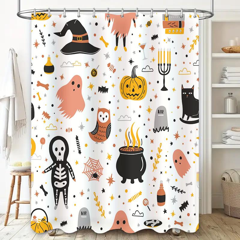 Halloween-themed Shower Curtain with Witch Hat Patterns for Home Decor In Bathroom Accessories White 75x180cm #364292