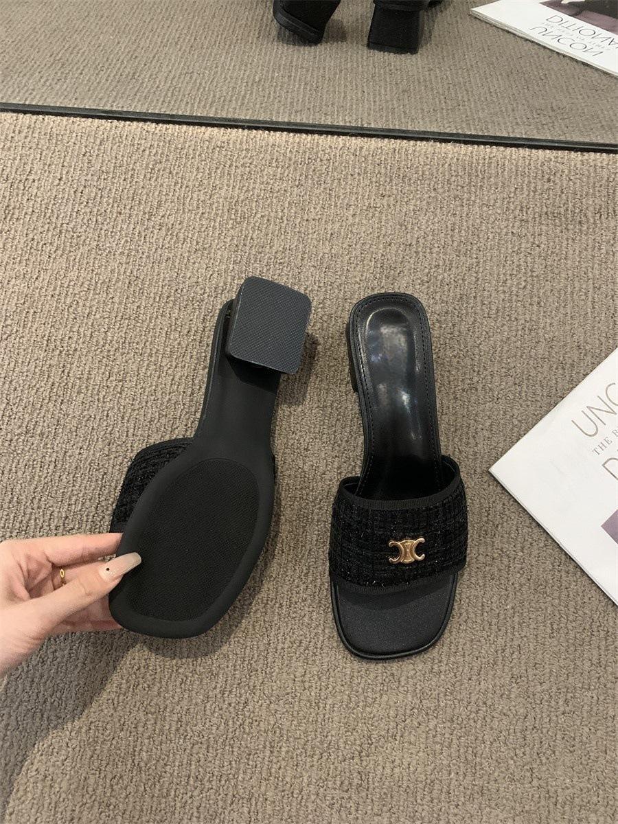 

2025 новая летняя обувь однословные тапочки туфельки феи квадратный носок толстый каблук с юбкой сандалии 35 чёрный