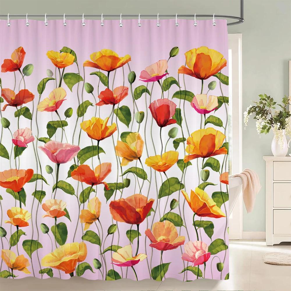 1 pack Watercolor tulip flowers pattern polyester material shower curtain bathroom partition curtain home decorative curtain