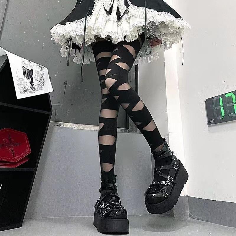Ultrathin Women Spicy Girl Bandage Stripe Long Stockings Female Japanese Lolita Sexy Summer Cross Tube White Stockings
