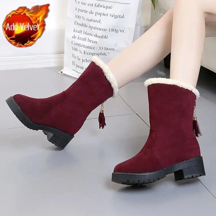 Fashion Elegant With Low Heels Mid Calf Half High Plus Warm Snow Boots for Women Fashion No Slipery New Rock on Slip Chic Pu Woman Shoes