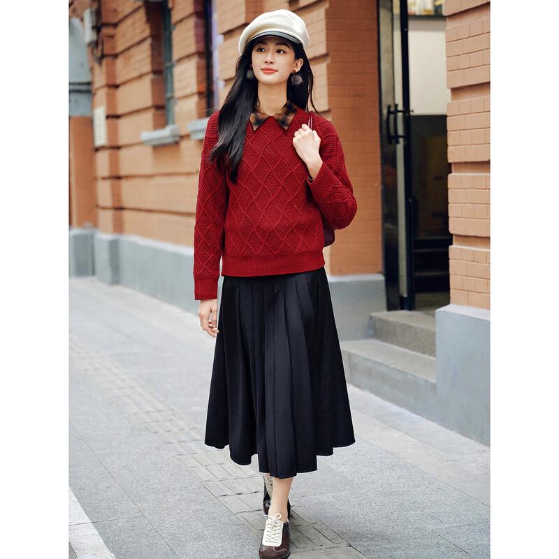 Annacou High-Intelligence Old Money Style Pleated Long Skirt