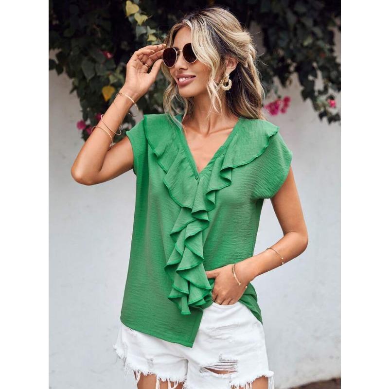 Camicetta da Donna Casual Estiva/Primaverile a Maniche Corte con Scollo a V e Stampa Monocolore