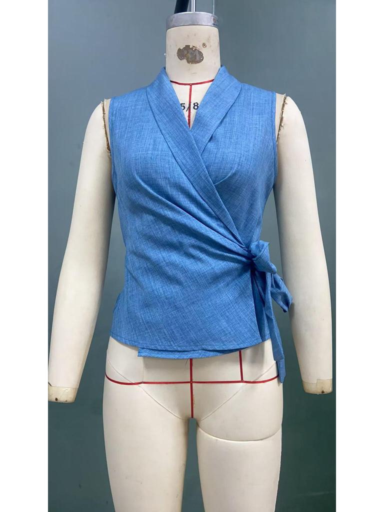 European-American Style Sleeveless Summer 2025 Slim Fit Tie-Up Cardigan Blouse for Women