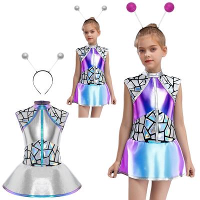 Costum Extraterestru Fete Set 2 Piese Rochie Metalică Strălucitoare Fără Mâneci Fermoar Spate Paiete Bentiță cu Antene Bile Strălucitoare
