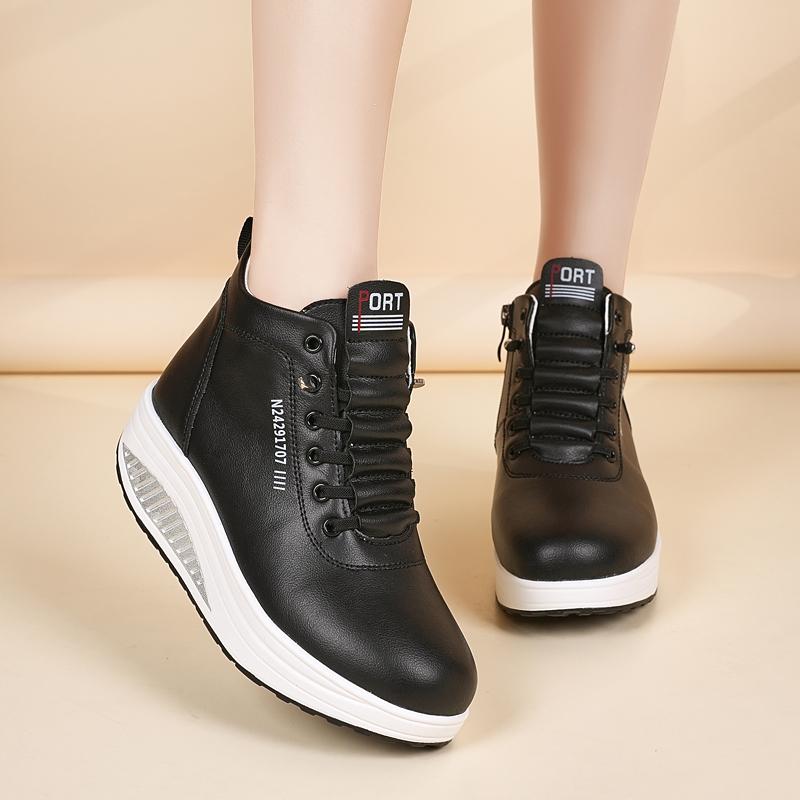 Women's Black Sneakers Height Increase White Leather Boots Platform Casual High Top Thick Sole Elevator Shake Shoes for Students