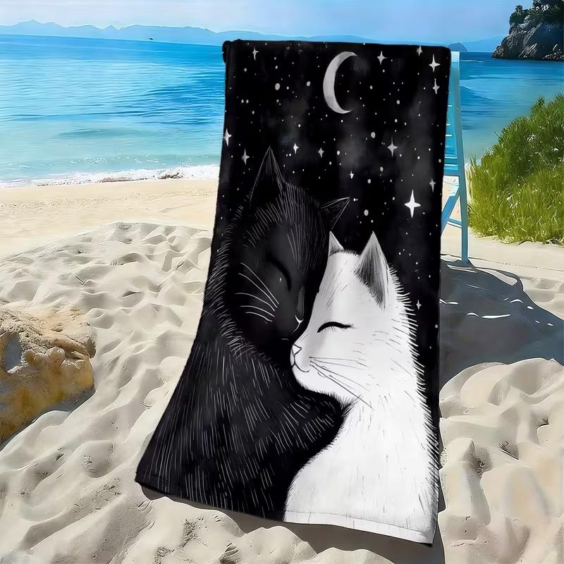 Cartoon Schwarzgraue Katze Aufdruck Strandtuch Schnelltrocknend Sandfest Weiches Saugfähiges Handtuch für Sommer Strand Pool Reisen Camping