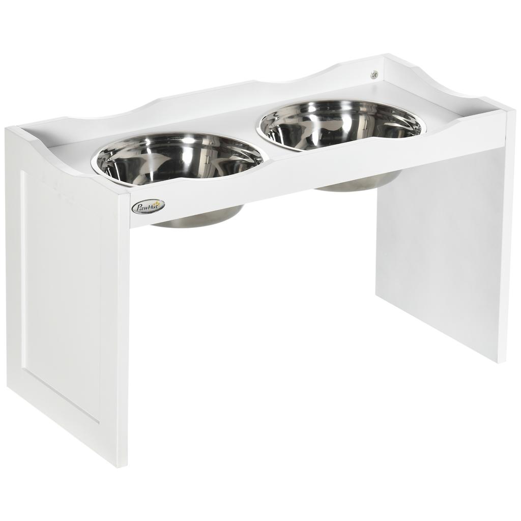 Feeding station, bowl stand, 2 feeding bowls of 2 liters each, stainless steel, for large dogs, white, 63 x 30 x 24cm