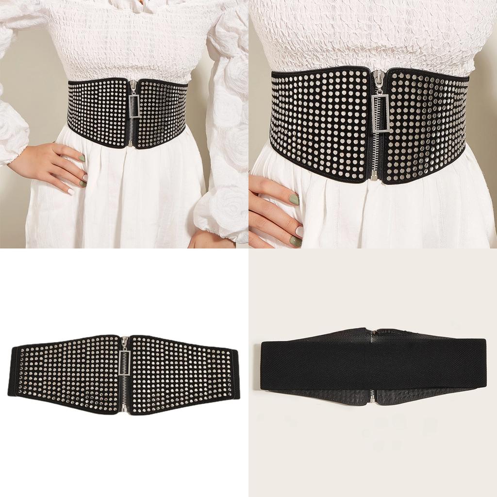 Small Flat Multiple Nail Zipper Waist Seal Waistband With Rivets Belt Black