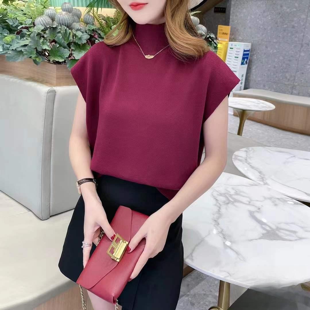 

Женская полувысокая жилетка с открытыми плечами, летняя, тонкая трикотажная свободная однотонная футболка с короткими рукавами One Size красный