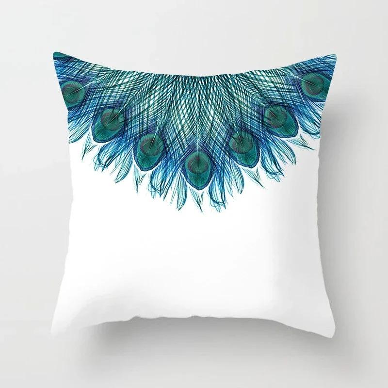 Peacock Feather Pattern Polyester Cushion Cover Throw Pillow Decorative Cushion Pillow Cover Sofa Decorative Pillow Cover