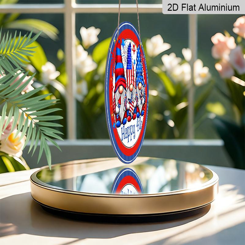 2D Flat, 1pc Round Aluminum "Happy 4th" Patriotic Gnome Sign, 4th of July American Flag Gnomes Metal Plaque, Cute Firework Design, Perfect for