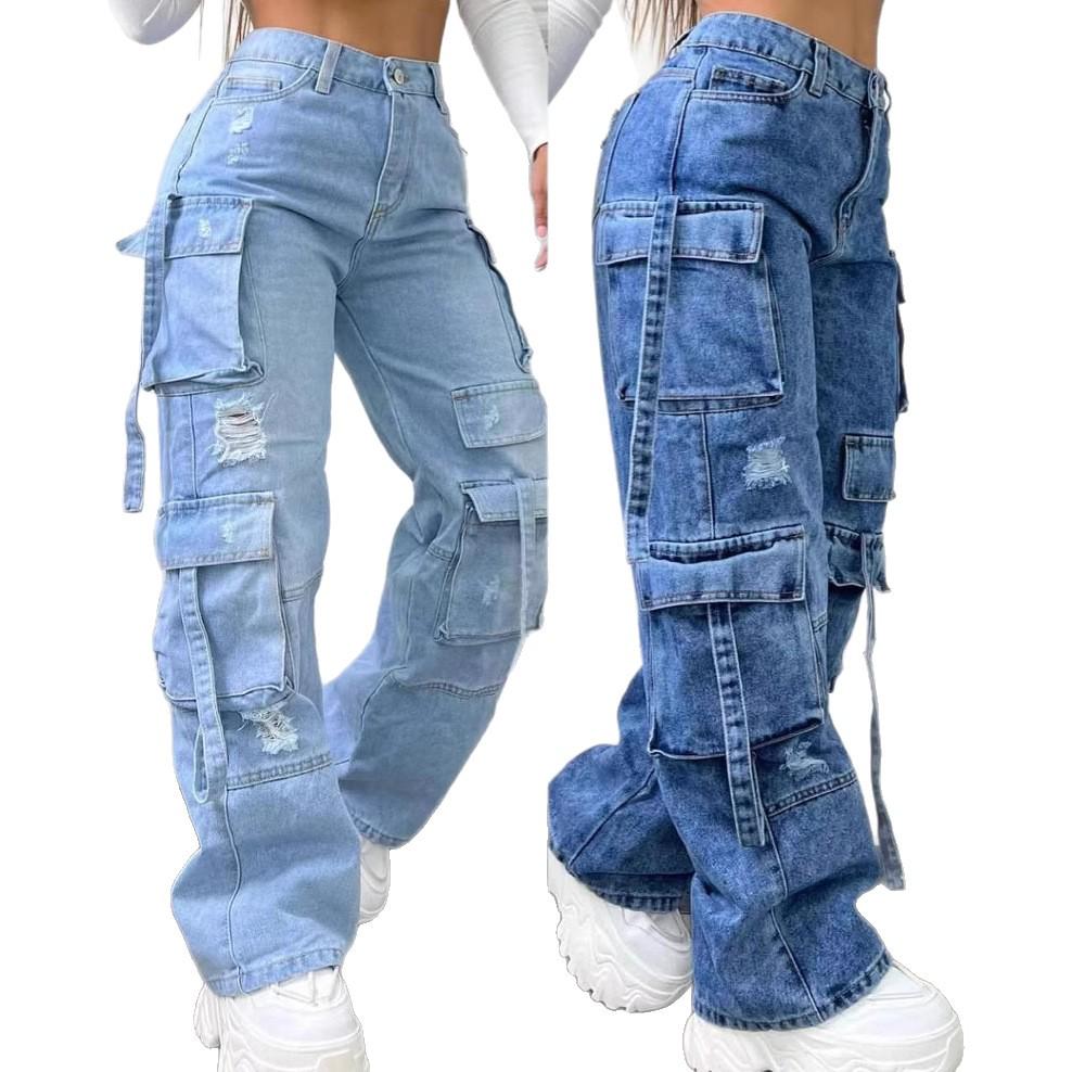 European & American Plus Size High Waist Multi-Pocket Denim Pants for Women