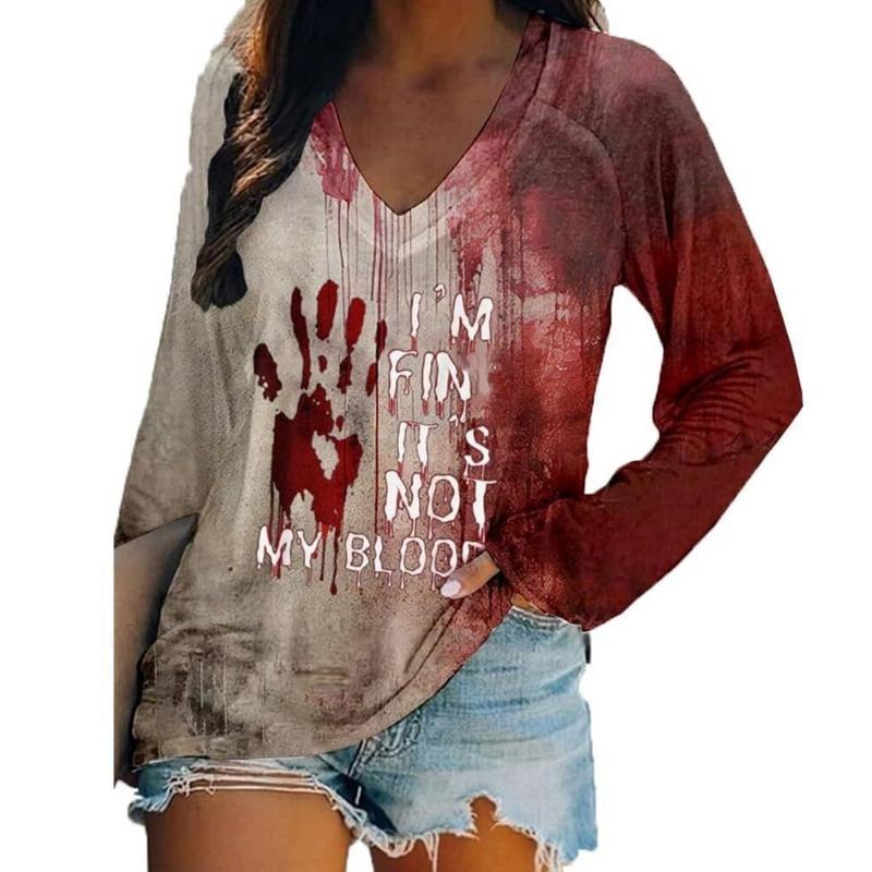 Halloween Fashion Bloody letter 3D Print Graphic Long Sleeve T-Shirt Casual V-Neck Top Polyester Breathable Women's Apparel Tops