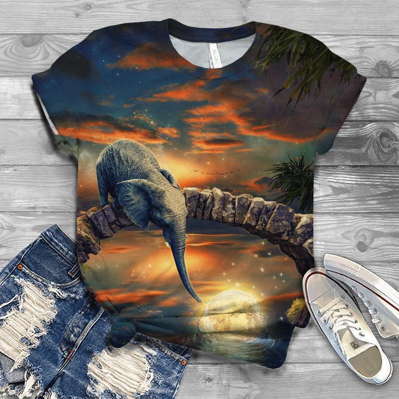 Letní Nové Pánské a Dámské Slon 3D Digitálně Potištěné Kulatý Výstřih Volné Tričko s Krátkým Rukávem Pár Tričko