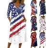 Women's Casual 3/4 Sleeve Button Front Midi Dress with Independence Day Print and Relaxed Fit for Everyday Wear