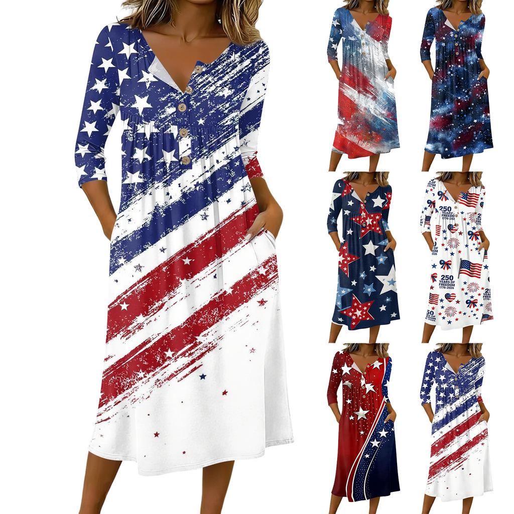 Women's Casual 3/4 Sleeve Button Front Midi Dress with Independence Day Print and Relaxed Fit for Everyday Wear